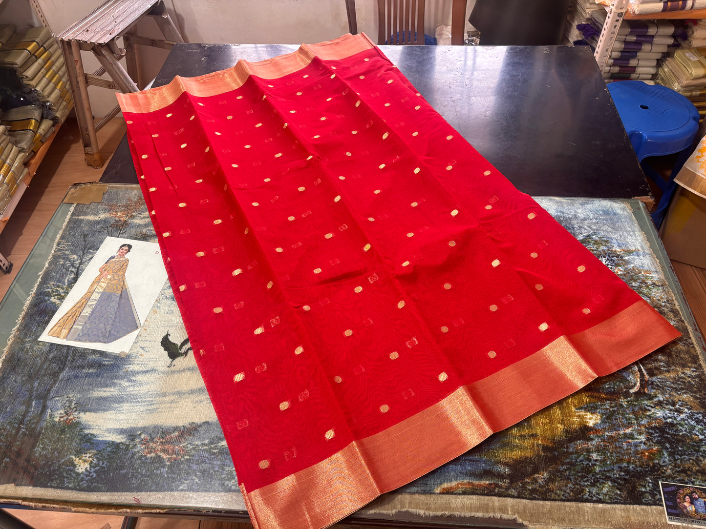 CS03- Nayanthara Red with golden dots tissue saree