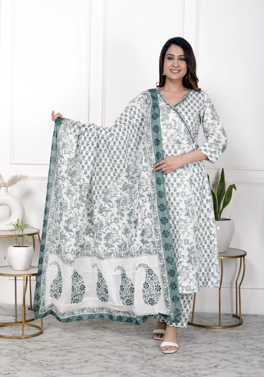 AB03-Pure cotton Block print 3 piece Chudidar ready to wear Gree