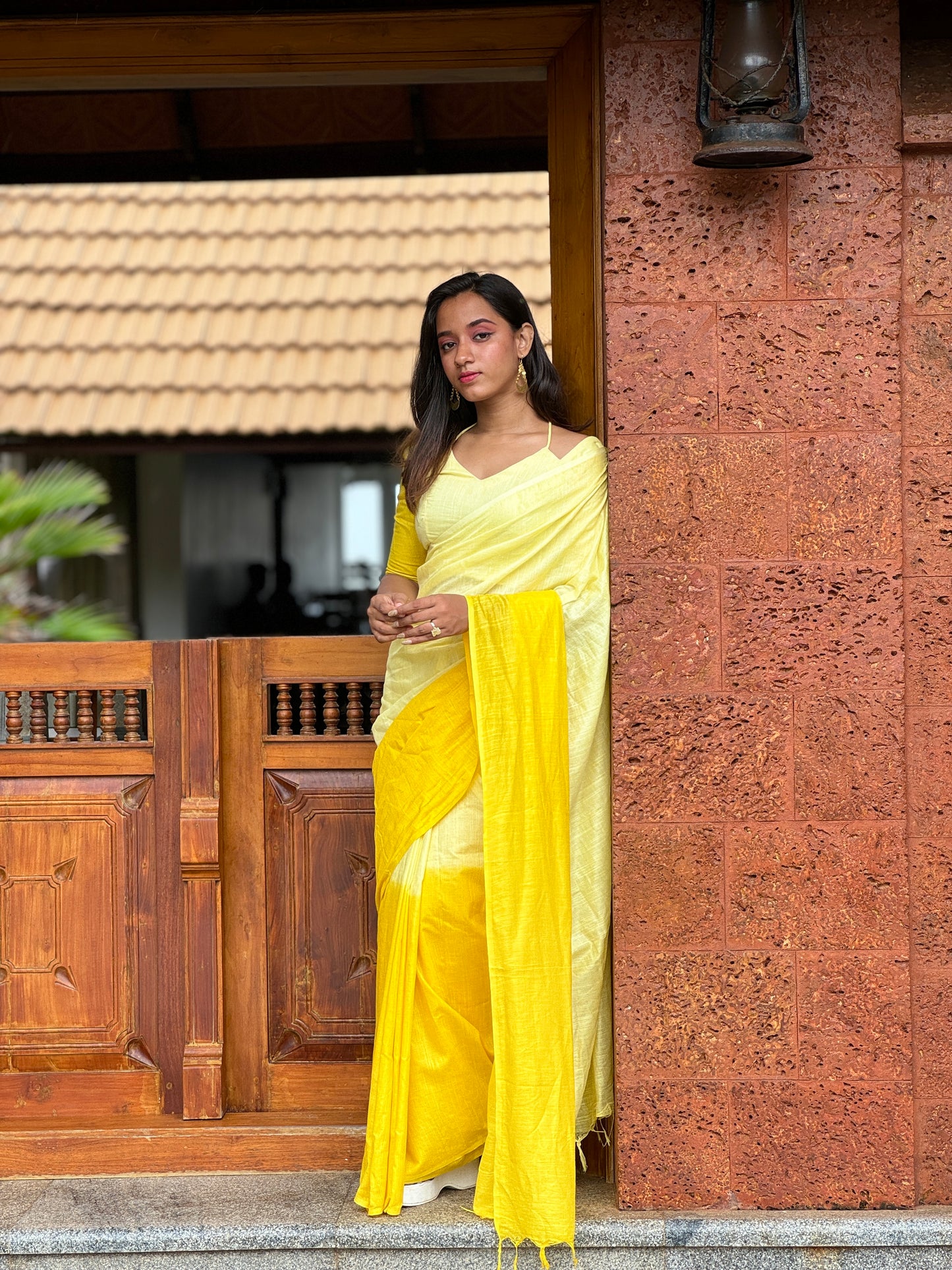 CS29- Tye and dye borderless YELLOW KHADI cotton saree