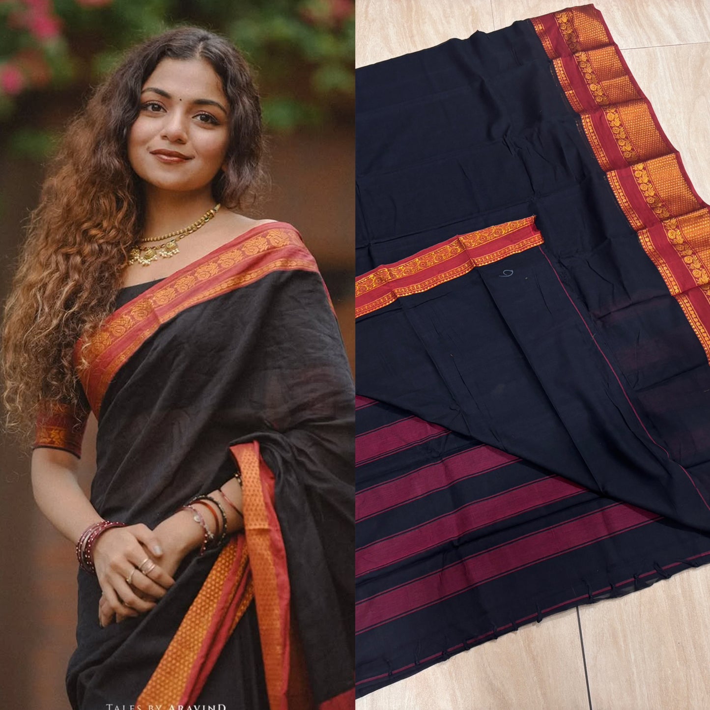 CS12-Hansika black cotton saree with contrast border