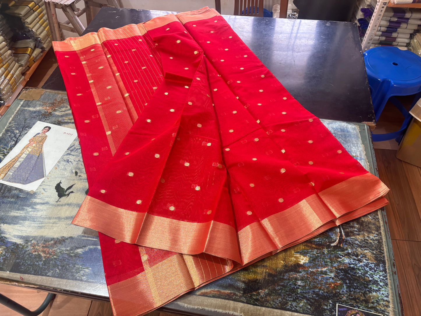 CS03- Nayanthara Red with golden dots tissue saree