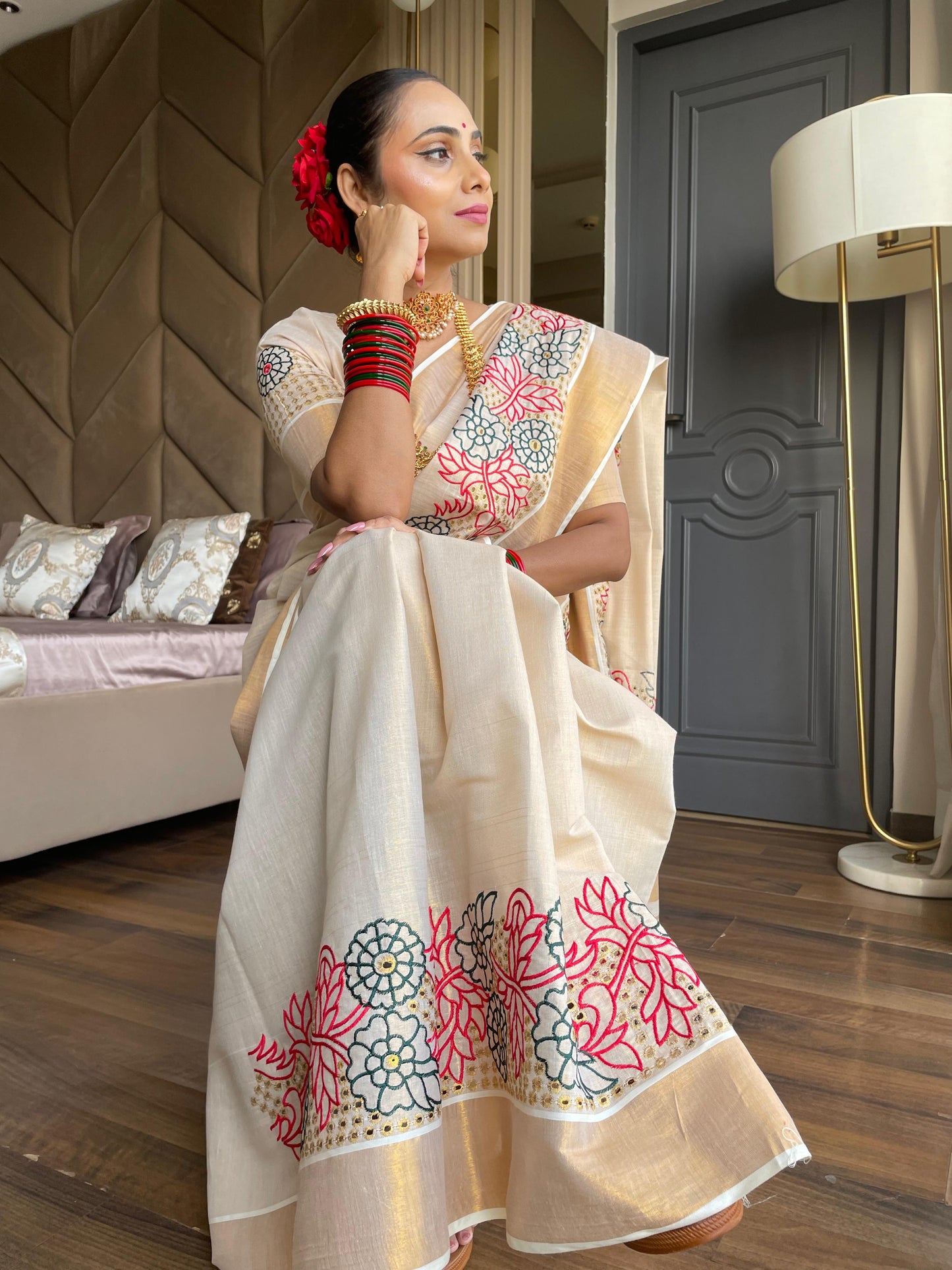 SS86 - drill embroiderd design kerala saree