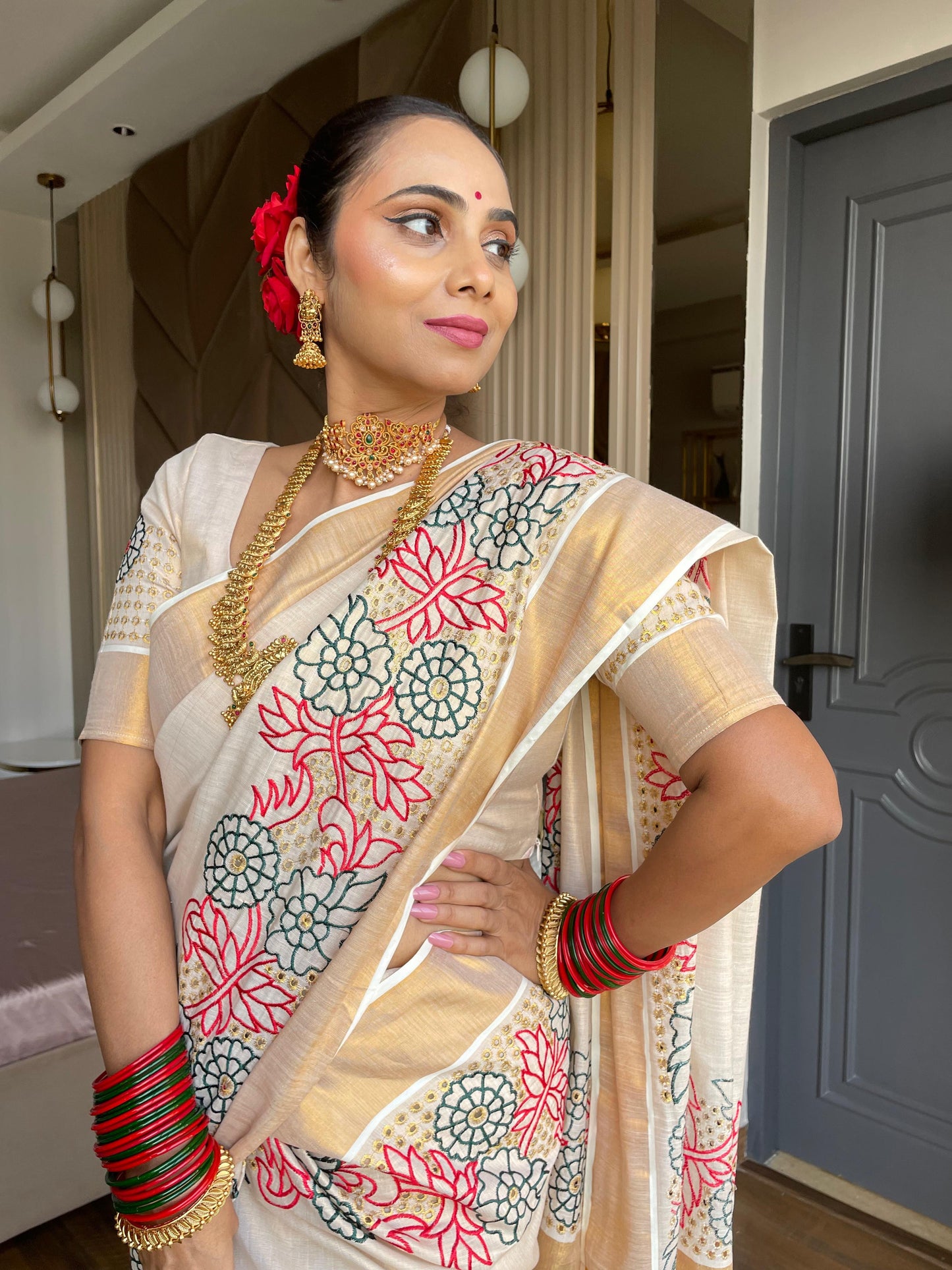 SS86 - drill embroiderd design kerala saree