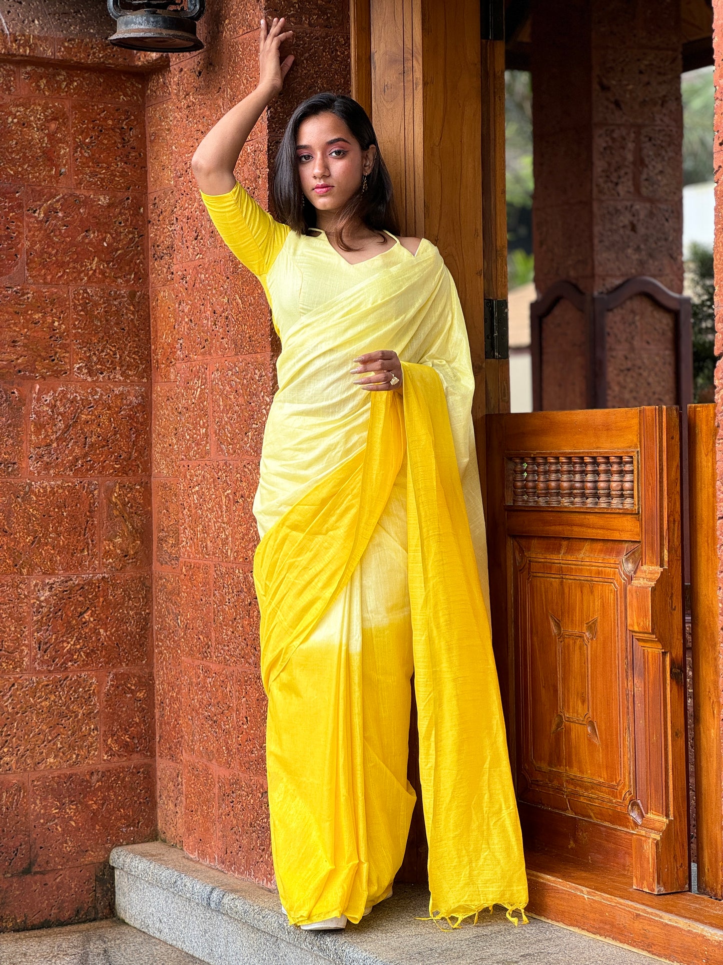 CS29- Tye and dye borderless YELLOW KHADI cotton saree