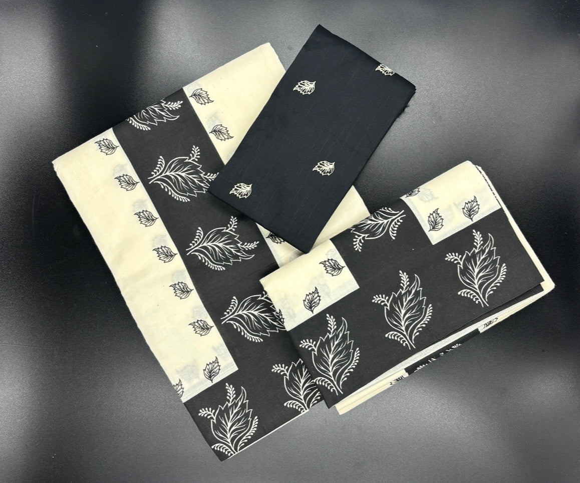 Cotton single colour printed with blouse set mundu
