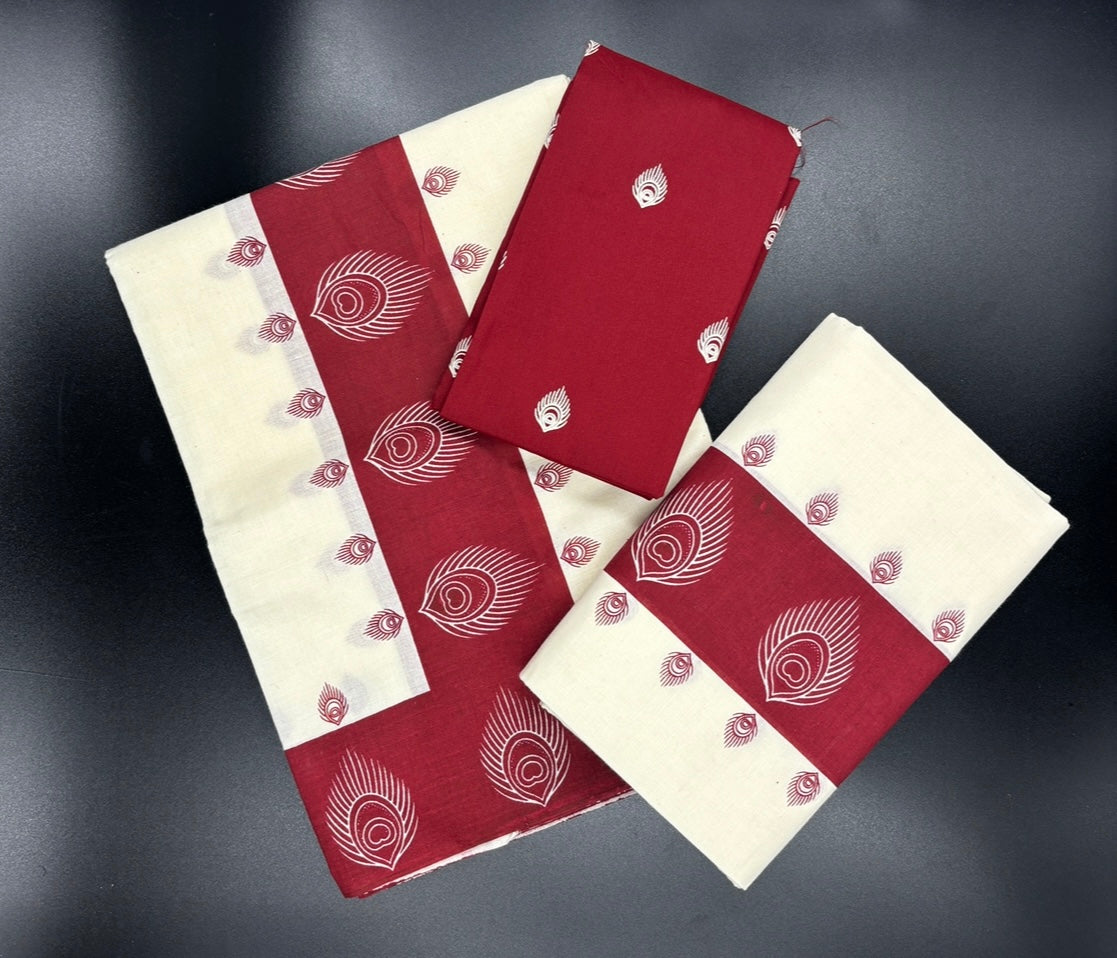 Cotton single colour printed with blouse set mundu