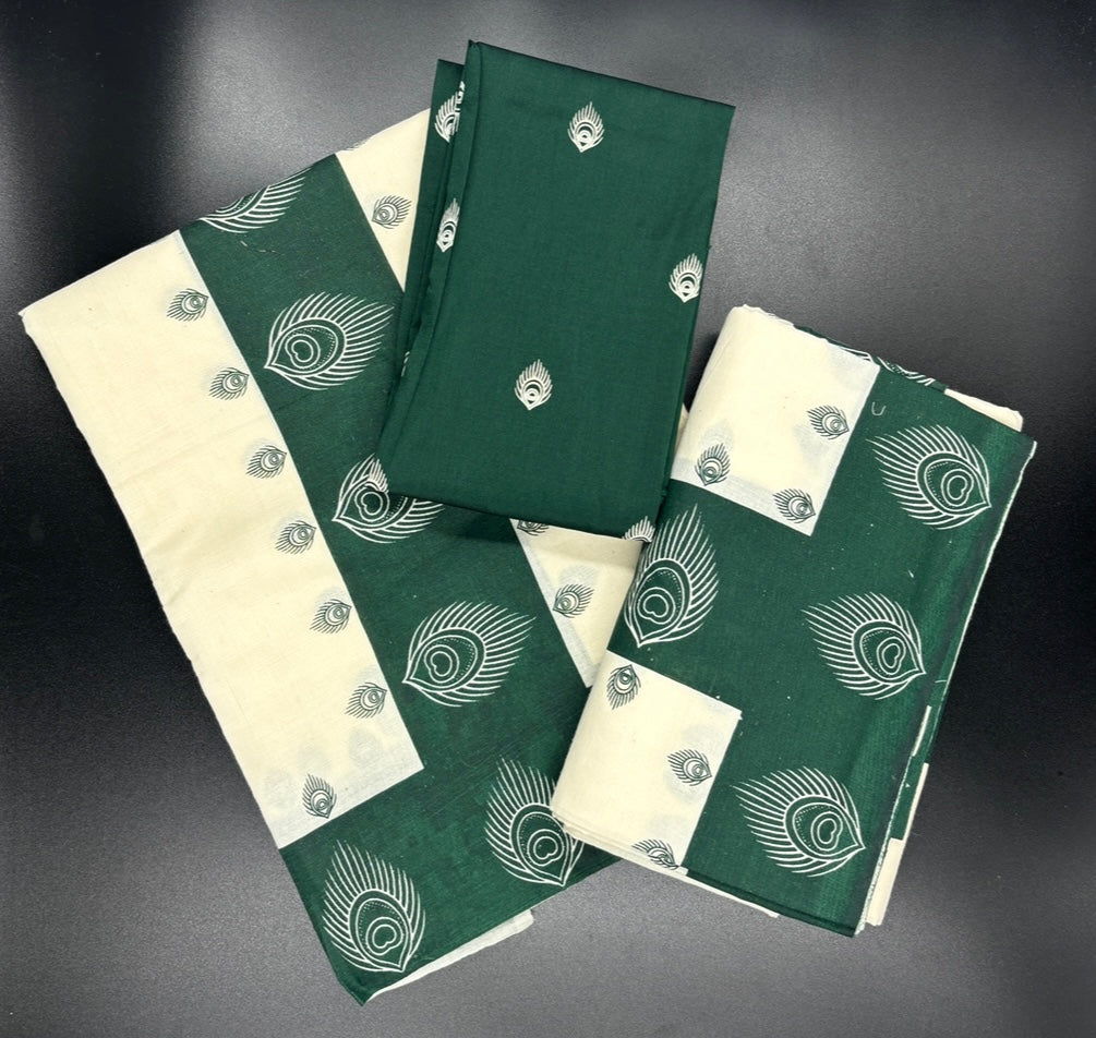 Cotton single colour printed with blouse set mundu