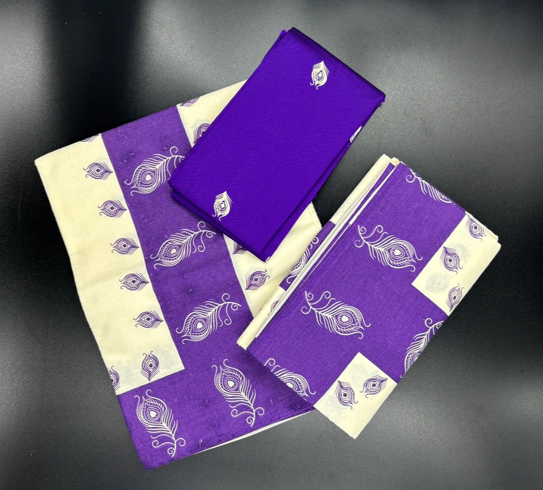 Cotton single colour printed with blouse set mundu