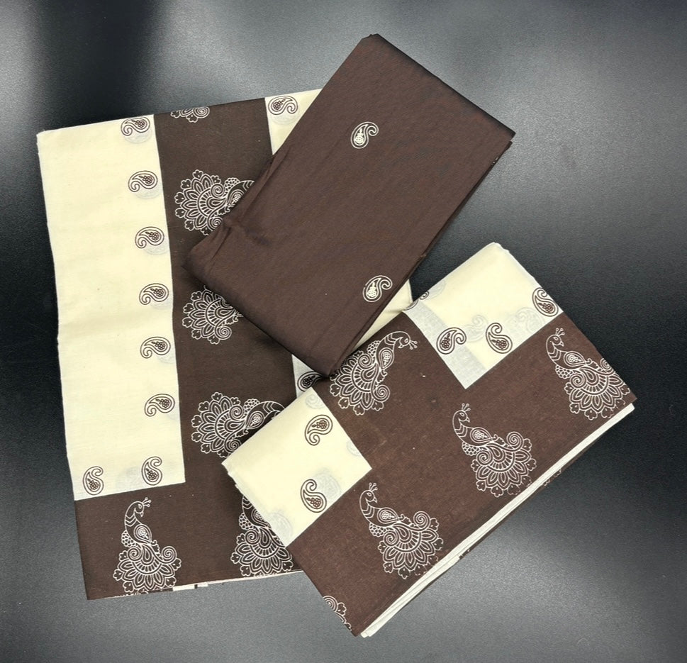 Cotton single colour printed with blouse set mundu