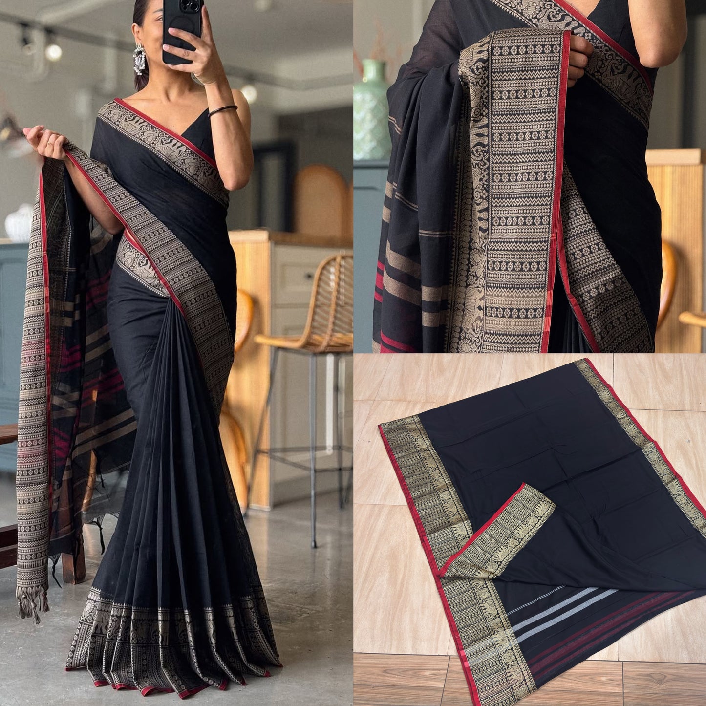 CS01- Black Big elephant border saree