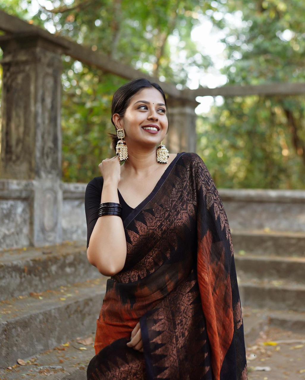 SS101- Black and orange cotton saree