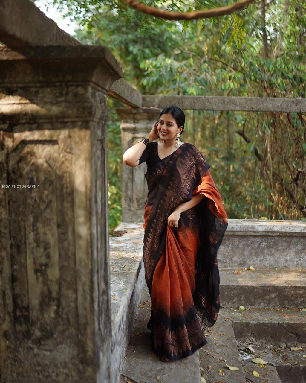 SS101- Black and orange cotton saree