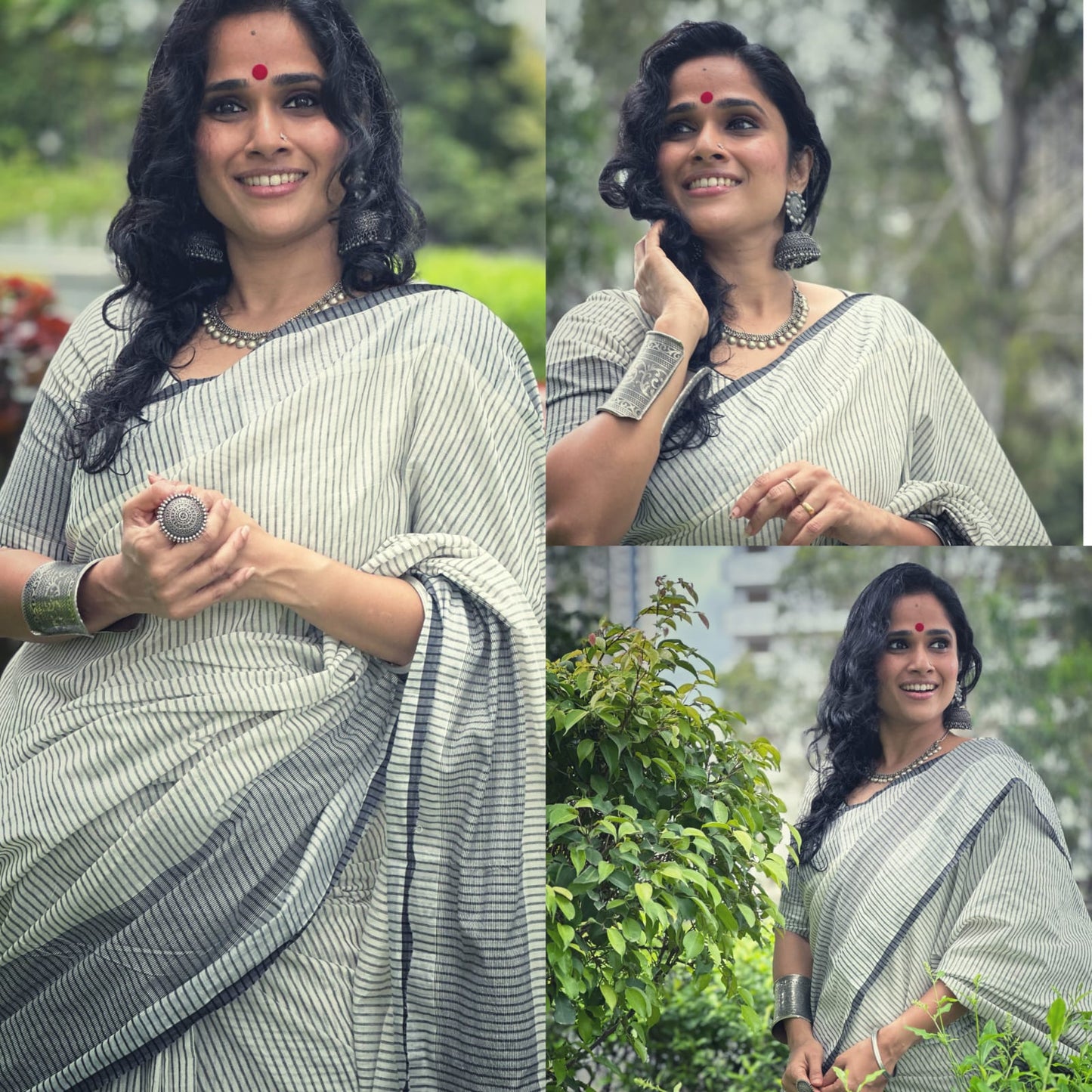 SS58- Silver and black combination cotton lines saree