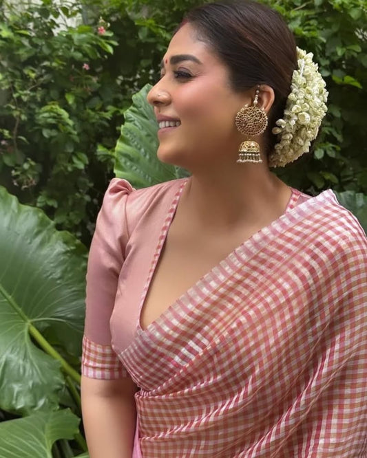 CS04-Nayanthara Pink Checked tissue saree