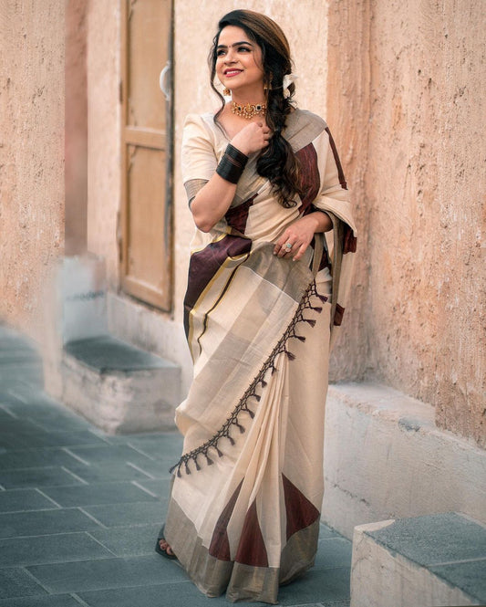 SS-01 Coffee brown temple tissue saree