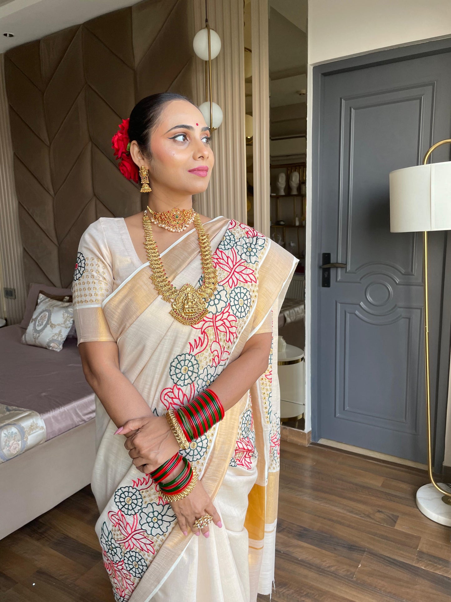 SS86 - drill embroiderd design kerala saree