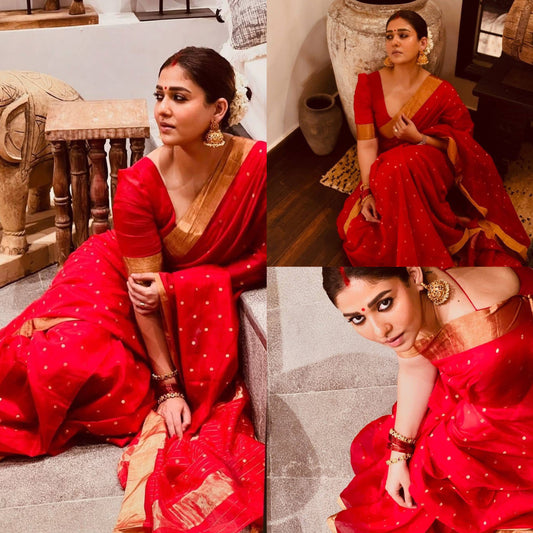 CS03- Nayanthara Red with golden dots tissue saree