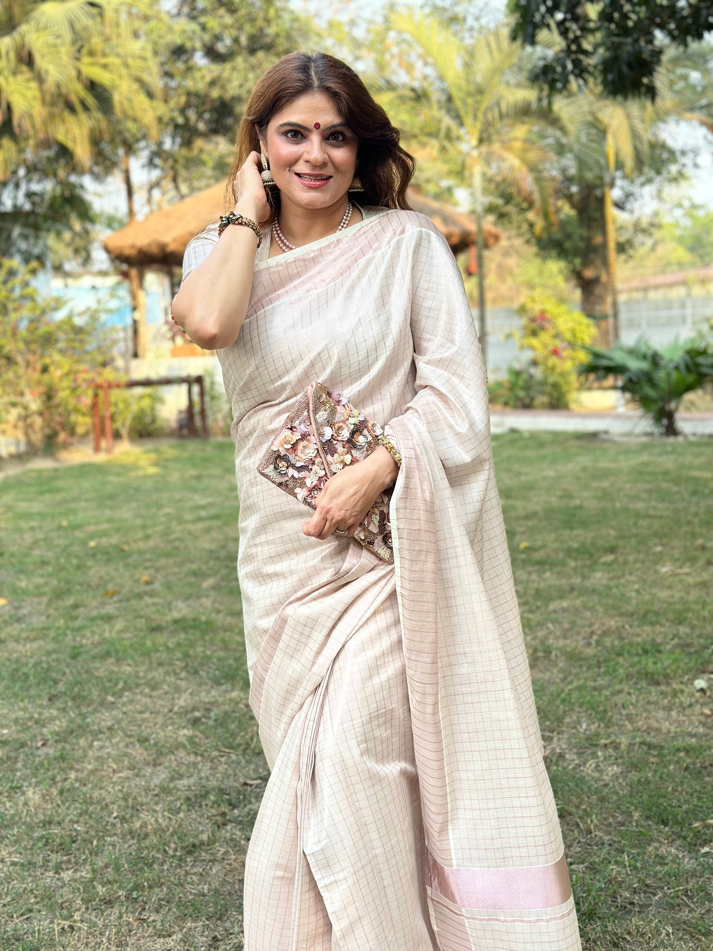 Rd11 Ready to wear rose gold checks tissue saree