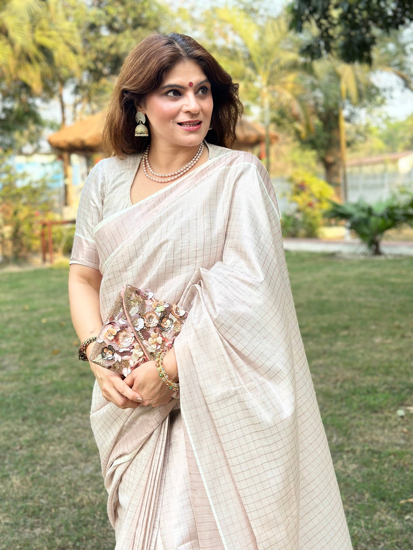 Rd11 Ready to wear rose gold checks tissue saree