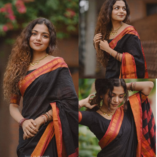 CS12-Hansika black cotton saree with contrast border