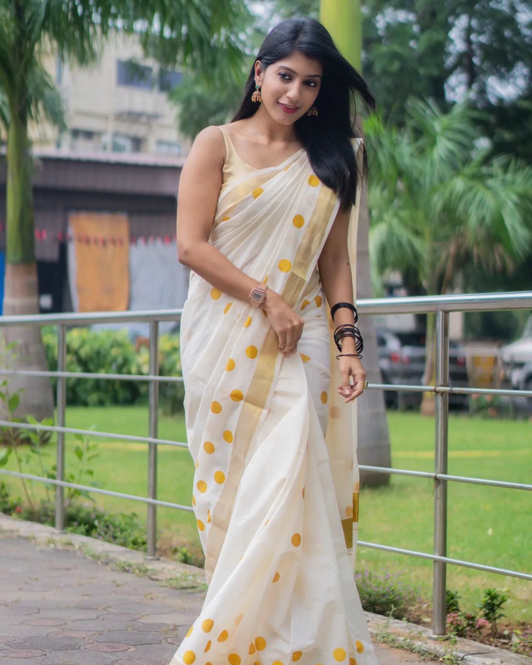 SS36- Golden polka cotton saree