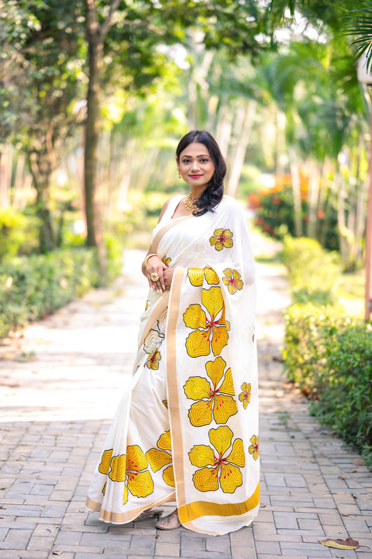 SS03- Yellow flower cotton saree