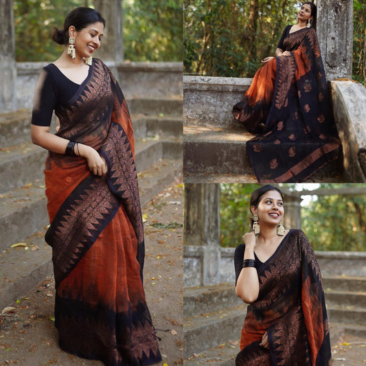 SS101- Black and orange cotton saree