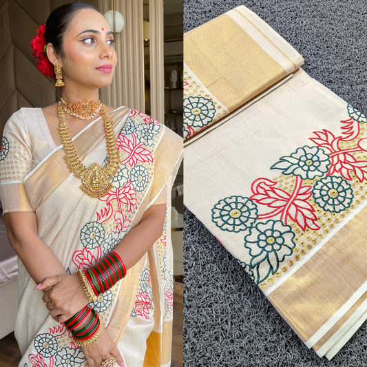 SS86 - drill embroiderd design kerala saree