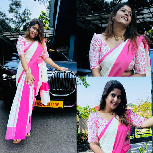 SM16- PINK SET MUNDU WITH FLORAL BLOUSE